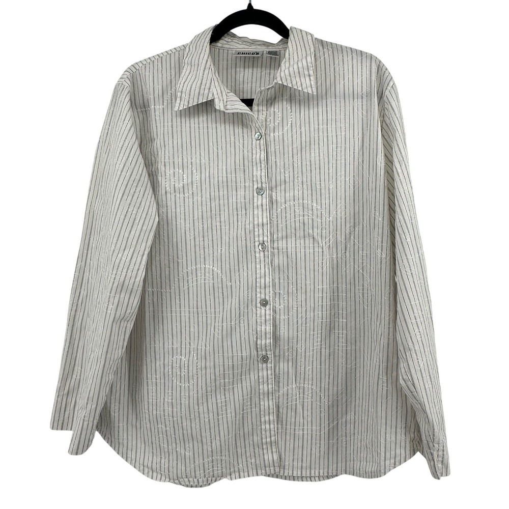 Chico's Design Button Up Shirt Womens Size 2 XL White Striped Embroidered Artsy